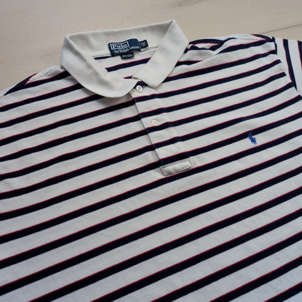Polo Ralph Lauren Polo Shirt Mens 2XB Blue White Striped Short Sleeve Blue Pony